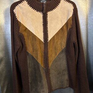 Designer Studio Leather Patchwork Sweater Womens Brown size L